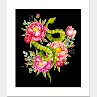 Peony Blossoms, Buds And A Green Garden Snake Posters and Art